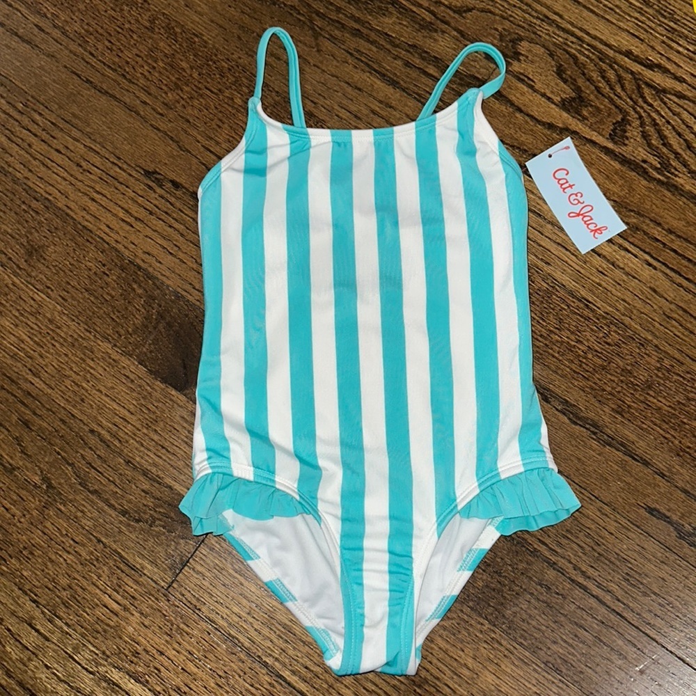 Cat and Jack Girls Stripped One Piece Swimming Suit Size XS 4/5